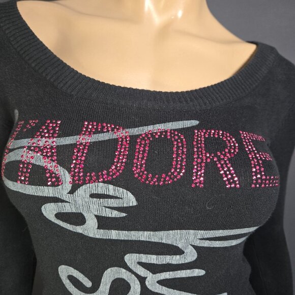 Y2K Joshua Perets Mini Sweater Dress size XS Black Pink Rhinestones Emo Mcbling - Picture 2 of 12